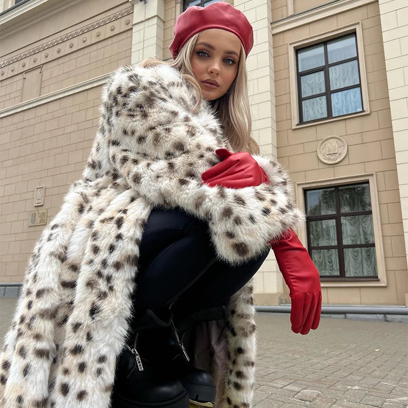 Exclusive Winter  Long Belted Leopard Faux Fox Fur Coat Women Overcoats Ladies Stylish Street Fashion Fluffy Fox Fur Jacket