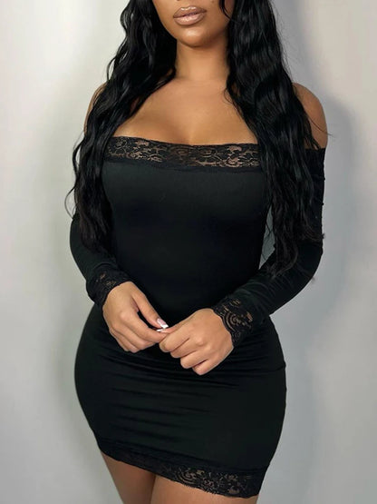 Solid Slim Lace Trim Off Shoulder Long Sleeve Black Short Dress Women Elegant Sexy Party Dresses