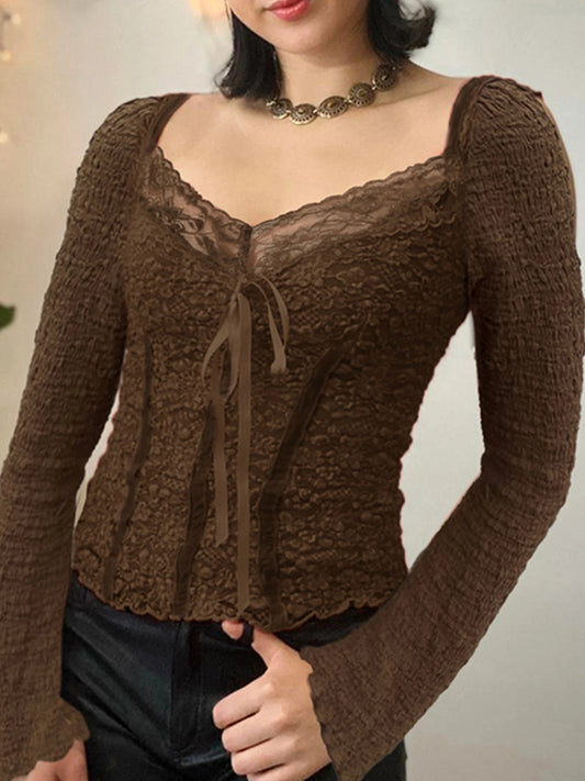 Hotsweet Lace Trim V-Neck Brown Long Sleeve Blouses Bow Lace Up Flared Sleeve Slim Chic Y2k Autumn New T-Shirt