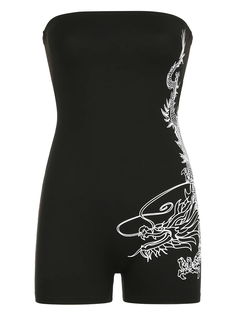 Dragon Print Sleeveless Strapless Skinny Sexy Rompers Womens Black Chinese Style Playsuit Summer Baddie Short Overalls