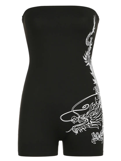 Dragon Print Sleeveless Strapless Skinny Sexy Rompers Womens Black Chinese Style Playsuit Summer Baddie Short Overalls