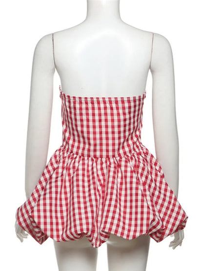 Spring Summer Plaid Tops for Women Streetwear Strapless Off Shoulder Backless Ruched Red T-shirt Girls Sleeveless Tees Top