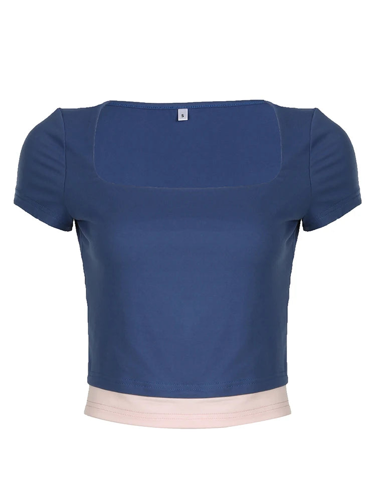 Contrast Patchwork Slim Casual Cute Y2K Cropped T-Shirts Women Blue Square Collar Short Sleeve Basic Summer Top Tees