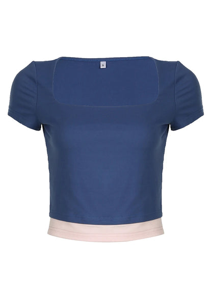 Contrast Patchwork Slim Casual Cute Y2K Cropped T-Shirts Women Blue Square Collar Short Sleeve Basic Summer Top Tees