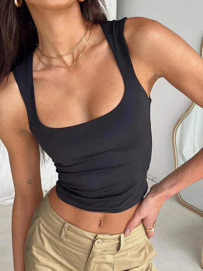 Solid Square Collar Wide Straps Slim Cropped Vest Top