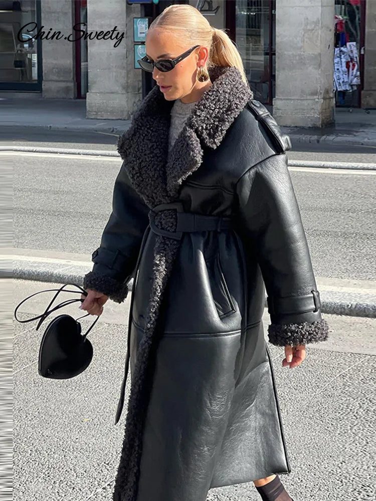 Fashion Lamb Wool PU Leather Long Jacket Women With Belt Patchwork Lapel Pocket Oversize Overcoat  Winter Warm Thick Outwear