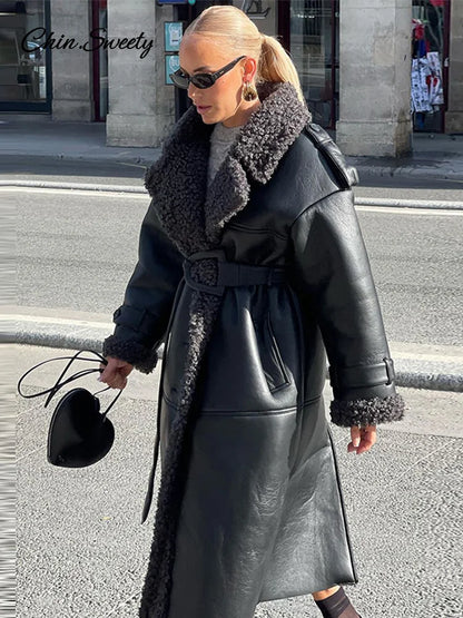 Fashion Lamb Wool PU Leather Long Jacket Women With Belt Patchwork Lapel Pocket Oversize Overcoat  Winter Warm Thick Outwear