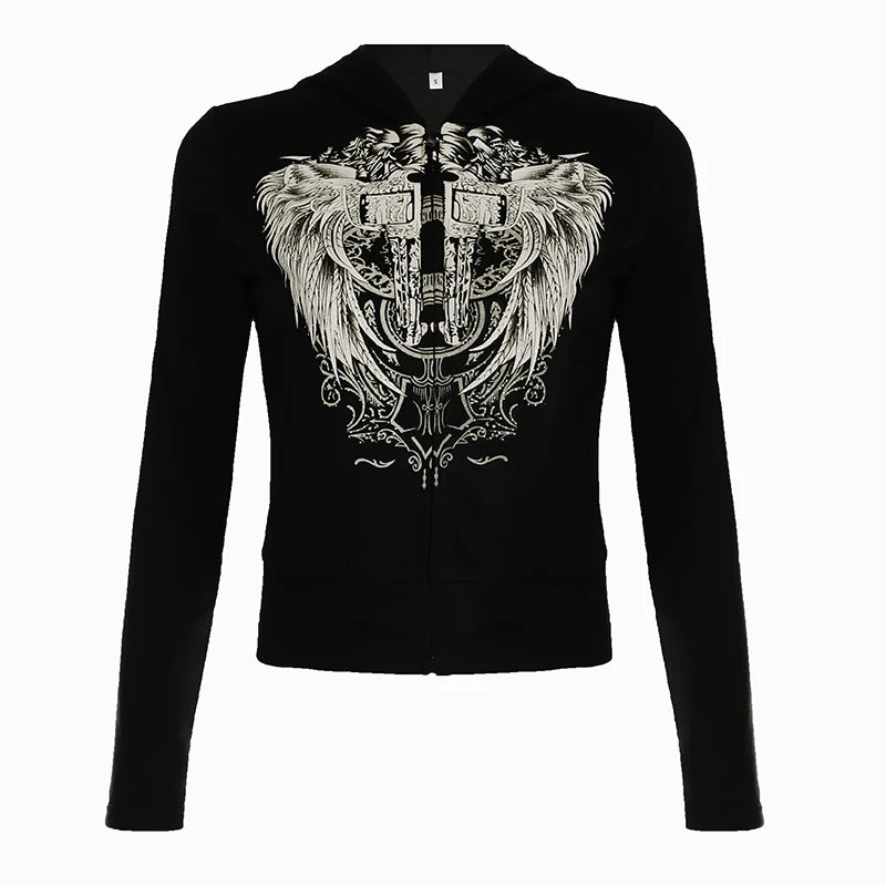 Y2k Darkly Retro Zip Up Hooded Coat Long Sleeve Basic Women s Fashion Chic Diamonds Print Sweats Cardigan