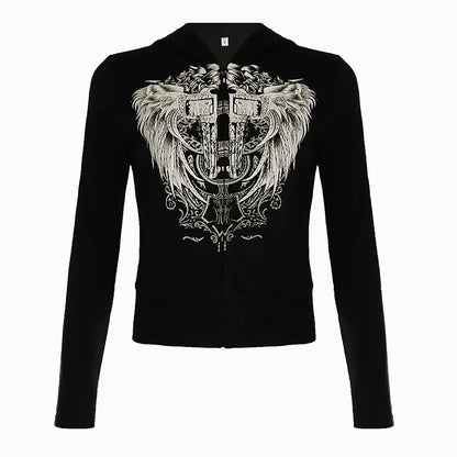 Y2k Darkly Retro Zip Up Hooded Coat Long Sleeve Basic Women s Fashion Chic Diamonds Print Sweats Cardigan