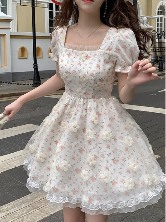 French Vintage Floral Lolita Short Dresses for Women Puff Sleeve Lace Mesh Ruffles A-line Korean Fashion One Piece Vestido Mujer