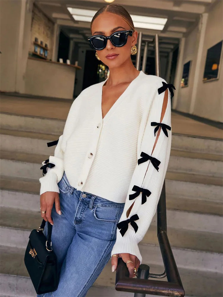 Tee Bow Knit Cardigan Sweater Women V-Neck Ribbed Hollow Out Casual Contrast Lace-Up Knitwear Coat Female Elegant Outwear