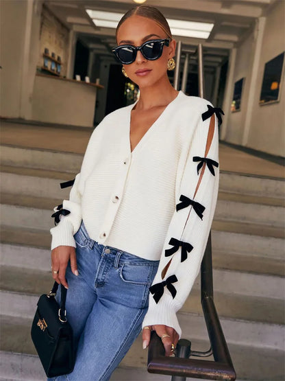 Tee Bow Knit Cardigan Sweater Women V-Neck Ribbed Hollow Out Casual Contrast Lace-Up Knitwear Coat Female Elegant Outwear