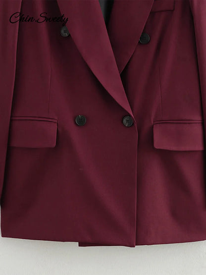 Fashion Burgundy Lapel Blazer Coat Women Elegant Double Breasted Full Sleeve Pocket Jacket  Fall New Female Commute Outwear