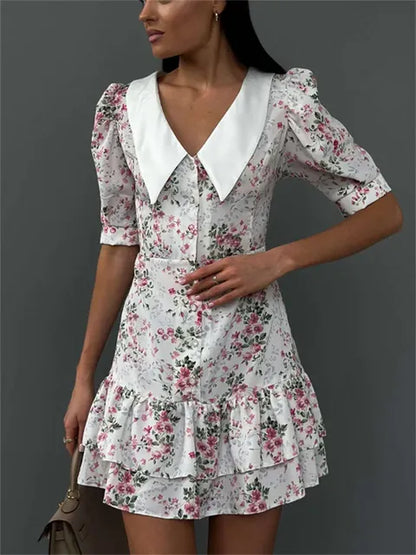 Printed Ruffled V-Neck Mini Dress Female Short Sleeve Fashion Slim High Waist Elegant Party Dress Women’s Summer Dress New