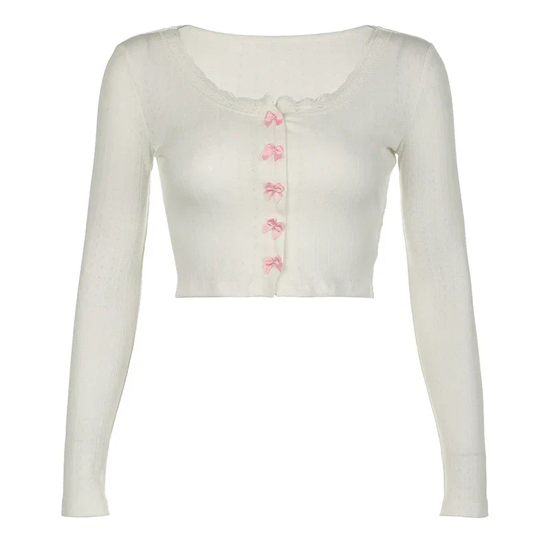 Voguable  Kawaii Multi Bow Single-breasted Knitted Top Solid Japanese Lolita Style Cropped Tops Sweet Barbiecore T-shirt y2k Tees