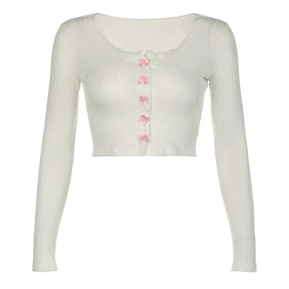 Voguable  Kawaii Multi Bow Single-breasted Knitted Top Solid Japanese Lolita Style Cropped Tops Sweet Barbiecore T-shirt y2k Tees