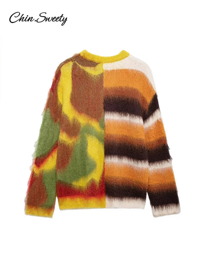 Casual Mohair Knit Women Pullover Colorful O-neck Long Sleeve Loose Sweater  New Autumn Fashion Lady All-matching Knitwear