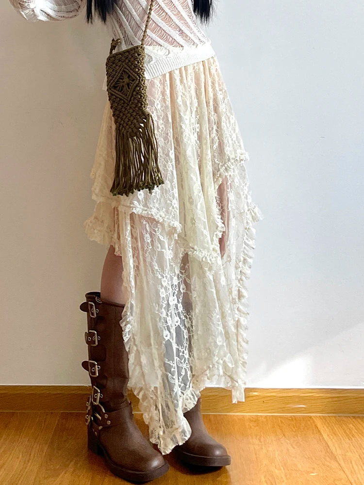 Asymmetrical Lace Long Skirt Women Summer Vacation Holiday Clothing