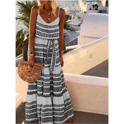 Bohemian Style Print Spaghetti Strap Long Dresses Women V-neck Leace-up Casual Beach Camisole Dress 2025 Summer New Lady Vestido
