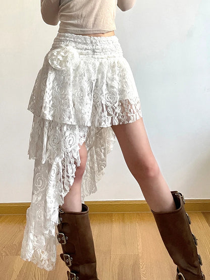 Summer Vacation Asymmetrical Lace Skirt Women Tie Flower Chic Boho Fashion