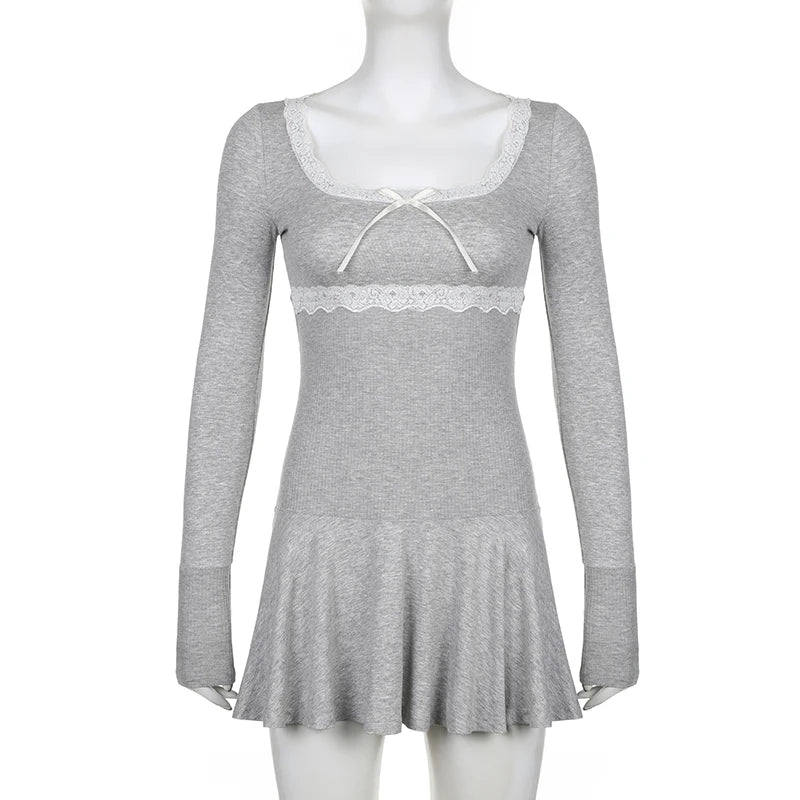 Voguable Lace Patchwork Knitted Mini Dresses Y2K Sweet Bow Bodycon Long Sleeve Pleated Dress Casual Korean Style