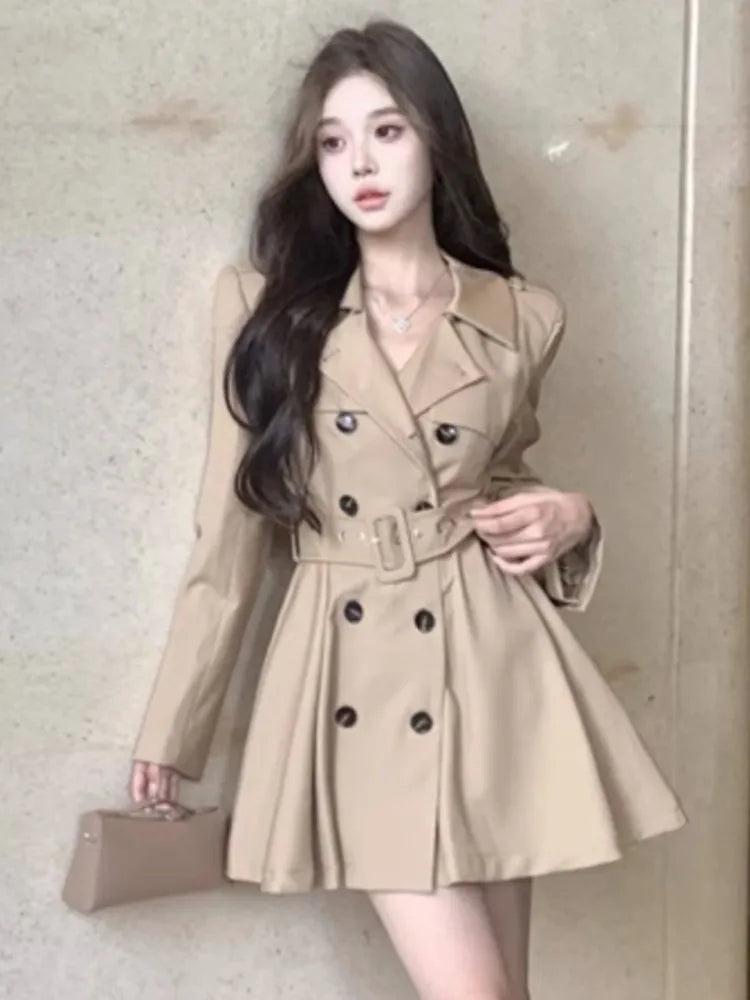 Autumn New Korean Chic Elegant Trench Coat Dresses for Women with Belt Turn-down Collar Double Breasted Casual Female Clothing