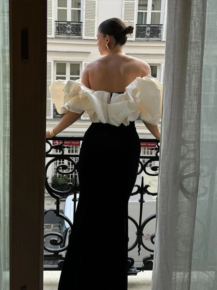 Elegant Off Shoulder Floral Long Dresses Women Vintage Slim Black Patchwork Petal Sleeves Robes Female Versatile Party Evening