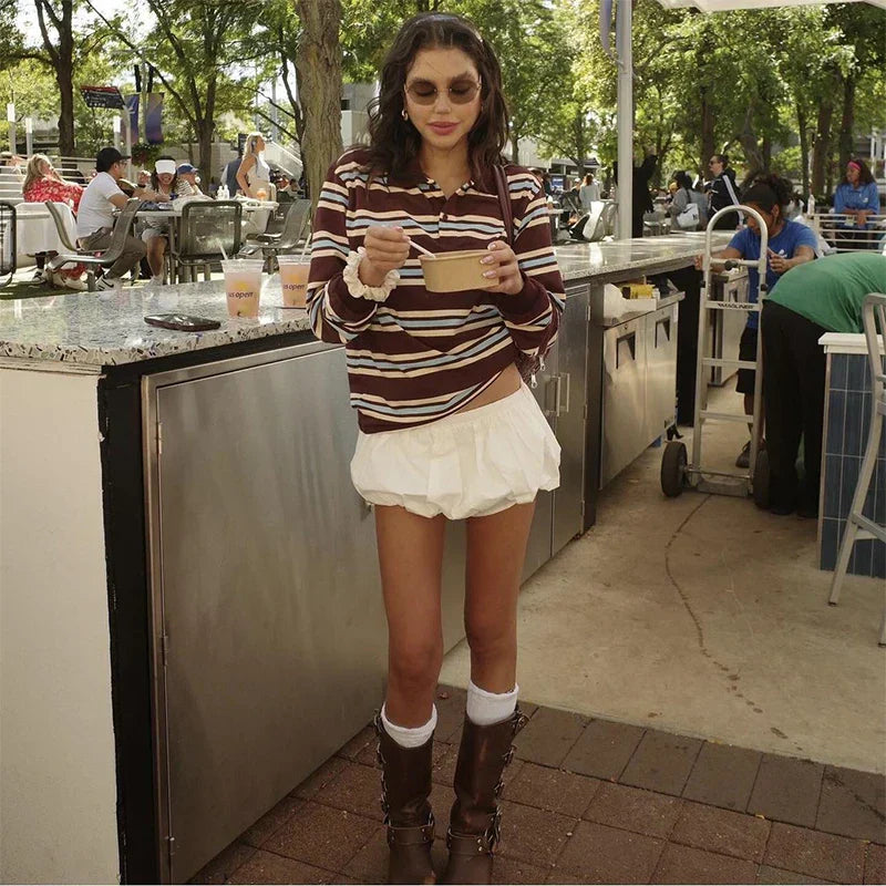 Fashion Stripe Women's T-shirt Casual Short Sleeve Female All Match Polo Shirts Summer New Ladies Loose Tops High Street