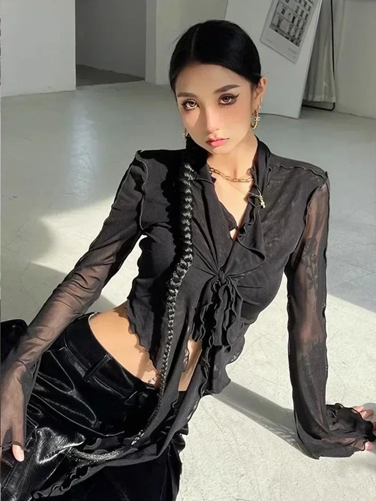 Streetwear Mesh T Shirt Women Fashion Slightly See Through Sexy Crop Tops American Style Beach Female Slim Bandage Tees