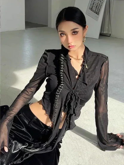 Streetwear Mesh T Shirt Women Fashion Slightly See Through Sexy Crop Tops American Style Beach Female Slim Bandage Tees