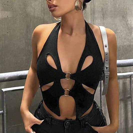 Sexy Backless Y2K Black Asymmetrical Slim Cami Top