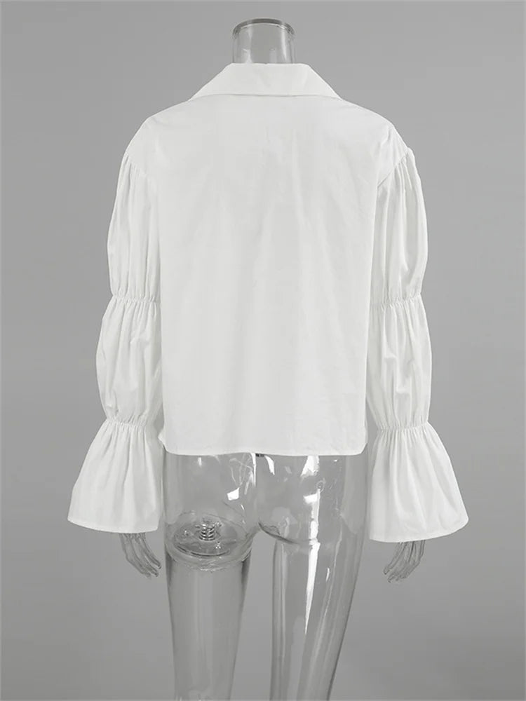 Chiffon Lace-Up Hollow Out Shirts Women’s Lapel Patchwork Bandage Long Sleeve Fashion Blouse Top Female White Outwear