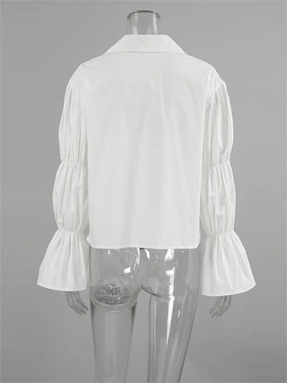 Chiffon Lace-Up Hollow Out Shirts Women’s Lapel Patchwork Bandage Long Sleeve Fashion Blouse Top Female White Outwear