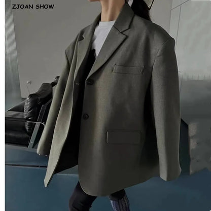 Chill Dark Gray Oversized Blazer Boyfriend Vintage Women Notched Collar Loose Suit Fashion Coat