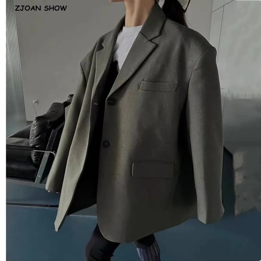Chill Dark Gray Oversized Blazer Boyfriend Vintage Women Notched Collar Loose Suit Fashion Coat