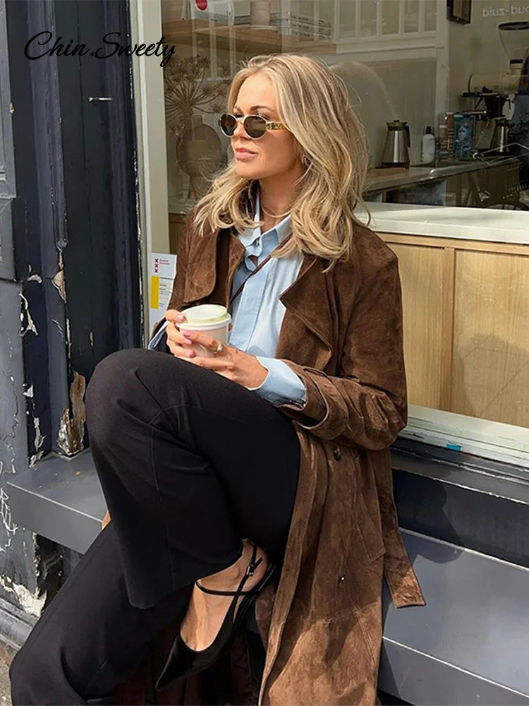 Elegant Suede Long Trench Coat Women Belt Double Breasted Full Sleeve Brown Windbreaker  Autumn Lady Street Outwears New