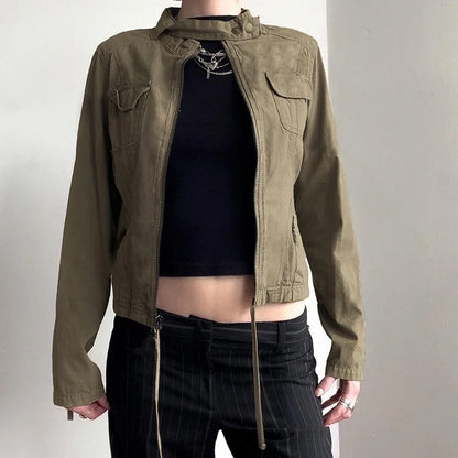 Women Patchwork Stand Collar Military Jacket Vintage Y2K Autumn Pockets Zipper Coat Grunge Style Streetwear Outfits