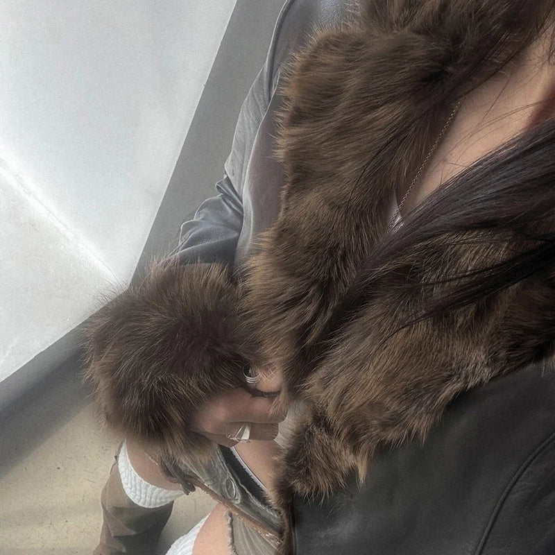 Faux Leather Fur Turndown Collar Jacket Korean Stylish Winter Cardigan Coat Punk Vintage 90s Women Outwear Chic Fall