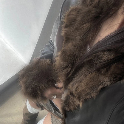 Faux Leather Fur Turndown Collar Jacket Korean Stylish Winter Cardigan Coat Punk Vintage 90s Women Outwear Chic Fall