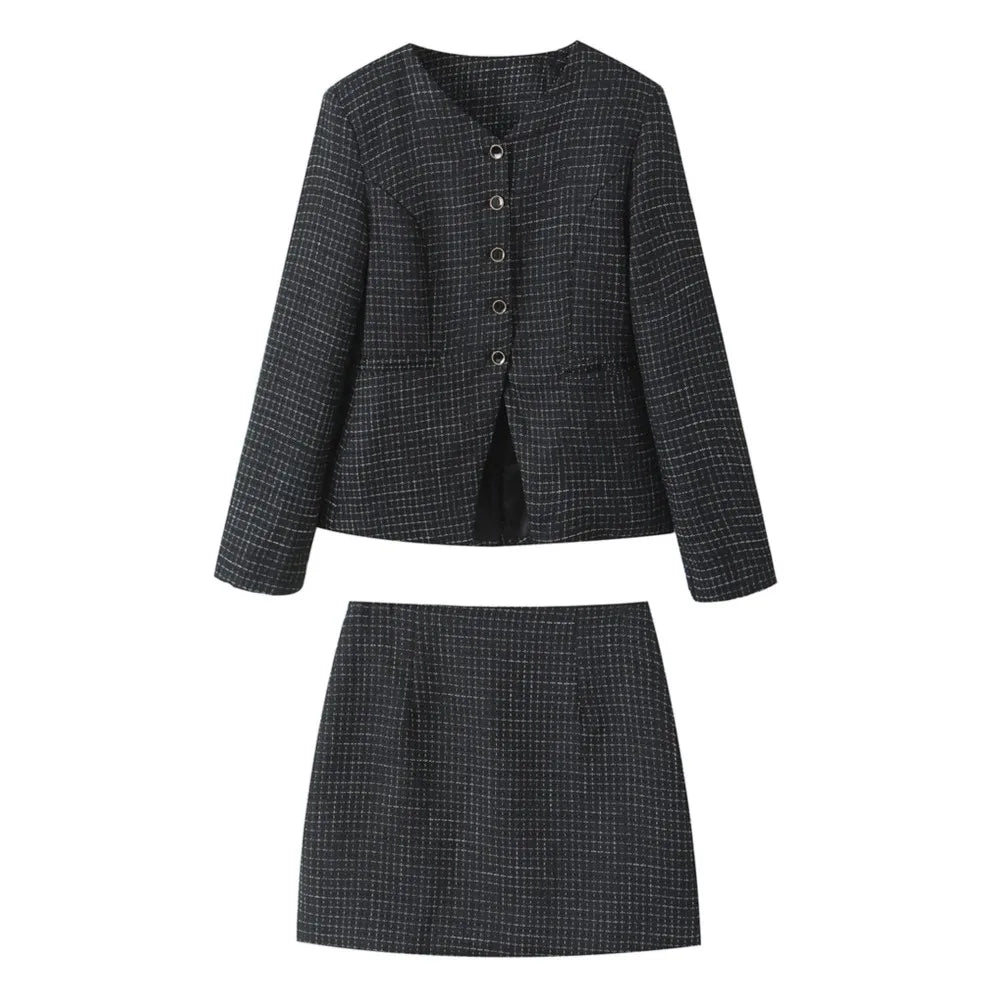 French Style Retro V collar Plaid Woven Tweed Blazer + High Waist Mini Short Skirts Suits 2 pieces 1 Set Black White