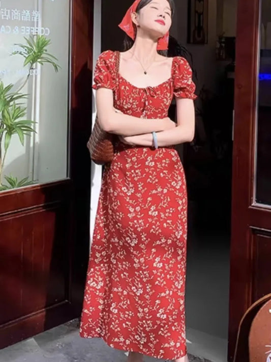 Summer New Printed Floral Midi Dresses for Women Square Collar Puff Sleeve French Vintage Korean Fashion One Piece Vestido Mujer