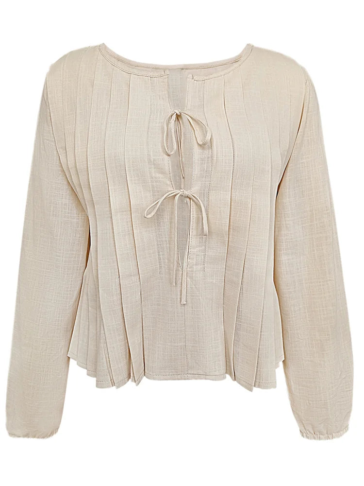 Patchwork Fashion Lace-Up Shirts Top For Women Hollow Out Casual Bandage Solid Elegant Long Sleeve Top Female Cropped Tee