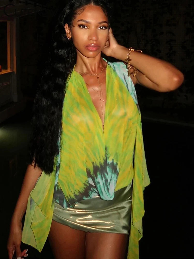Chic Sexy Women Tops New Stunning Tie Dye Bandage Swinging Neck Ribbons Backless Vest Female Hipster Y2K Club Attirewear