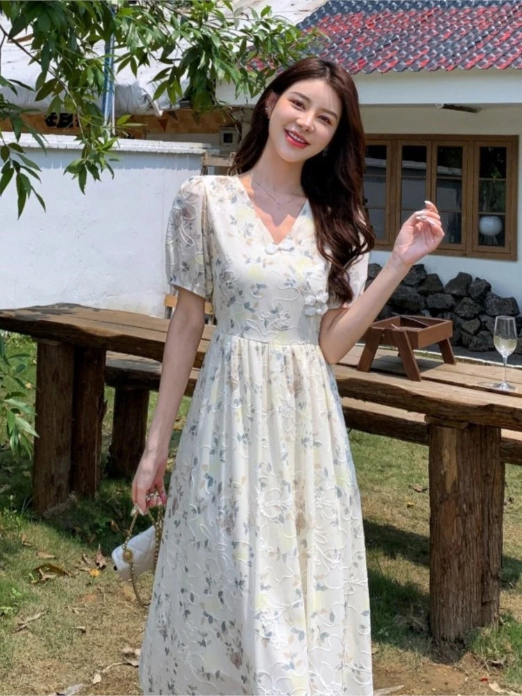 Summer New Chinese Style Midi Dresses for Women Floral Printed V-neck Puff Sleeve A-line Casual Elegant Dress One Piece Vestido