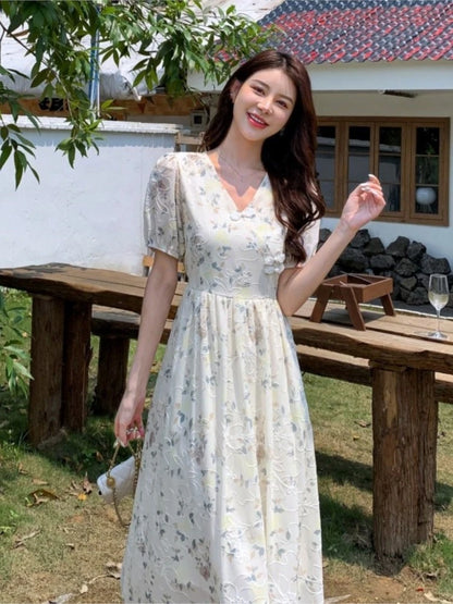 Summer New Chinese Style Midi Dresses for Women Floral Printed V-neck Puff Sleeve A-line Casual Elegant Dress One Piece Vestido