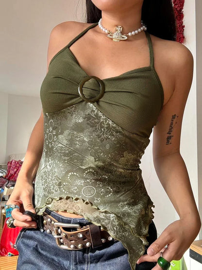 Voguable Boho Vintage Print Mesh Patchwork Crop Top V Neck Camis Y2K Streetwear FeCoquette Aesthetic Clothes
