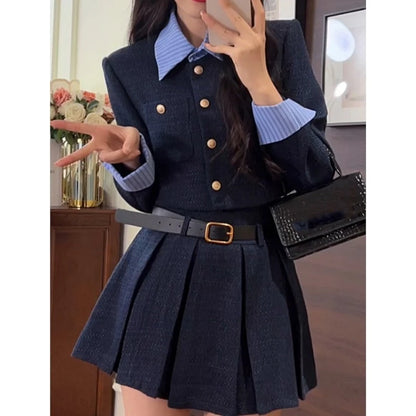 Elegant Two-piece Skirt Set Women Single Breasted Crop Top Pleated Mini Skirt Preppy Style Korean Fashion Autumn New Outfits