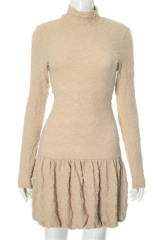 Pleated Slim High Long Sleeves Mini Dress