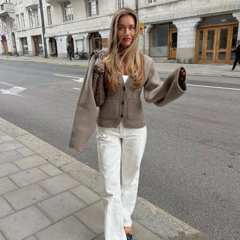 Cárdigan clásico de punto abotonado para mujer con cuello en V | Ideal para otoño/invierno