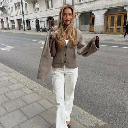 Cárdigan clásico de punto abotonado para mujer con cuello en V | Ideal para otoño/invierno
